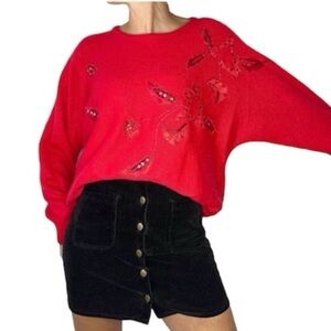 Vintage Red Floral Embroidered Dolman Sleeve Sweater 44